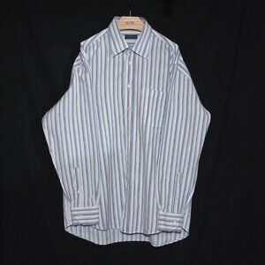 Canali Sportswear Made in Italy LS BF Shirt - White w Blue Green Striped - Sz XL